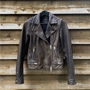 All Saints Conroy Leather Biker Jacket Brown Size 6